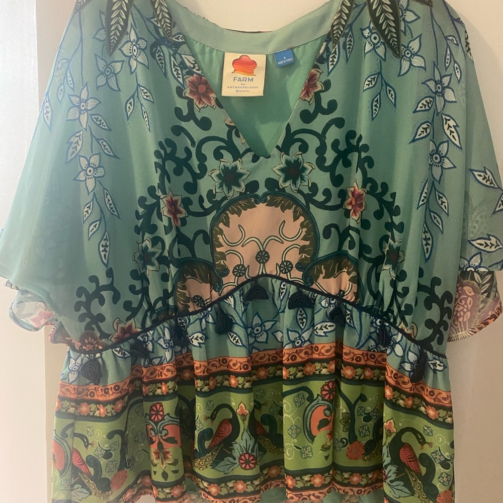 FARM Rio Green Blue Floral Paisley V-Neck Tunic